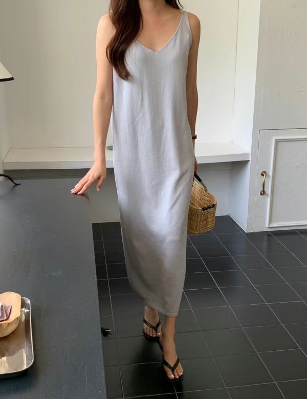 韓系清新V領背心長洋 長洋裝,長板,無袖,氣質