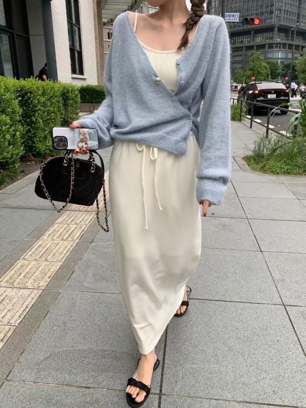 高腰垂墜感長裙 抽繩棉長裙 百搭長裙 