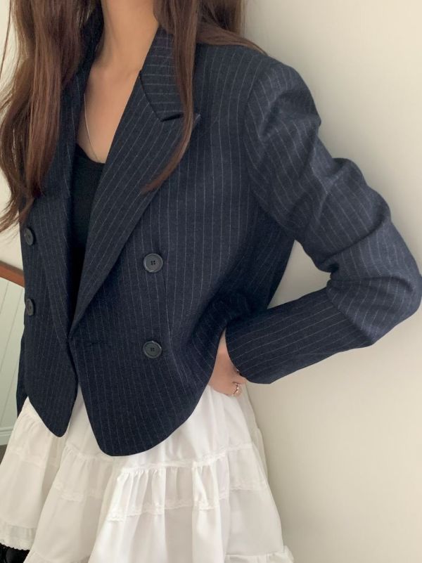 立體剪裁條紋西裝外套  翻領短版外套 商務外套 雙排釦,西裝,外套,短板,條紋,立體剪裁