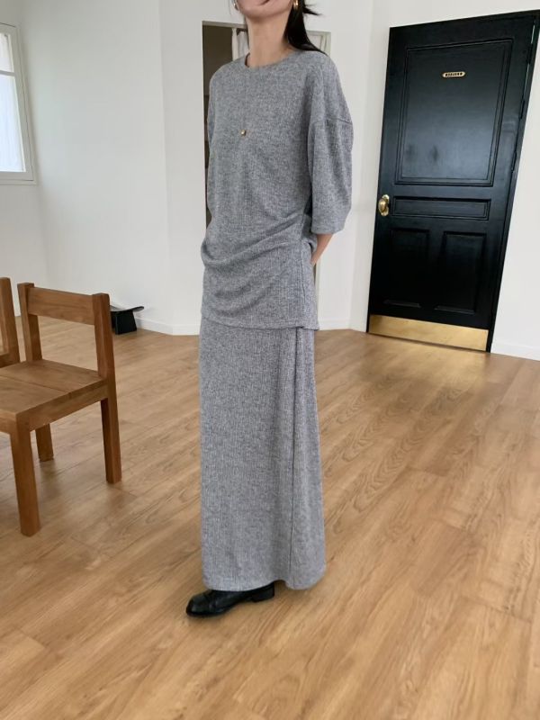 日常柔紋皺摺短袖+鬆緊長裙套裝 