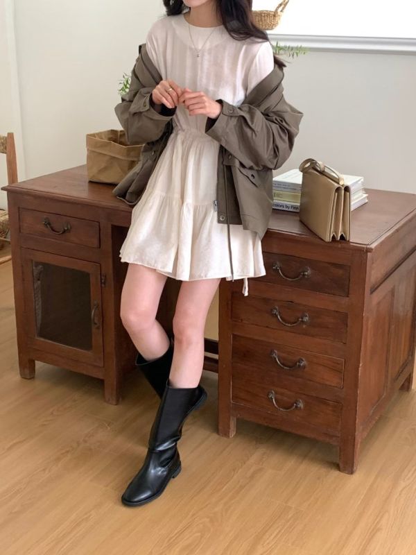（現貨+預購）氣質甜美腰部抽繩 長袖短洋裝 洋裝,連衣裙,長袖,短版,短洋