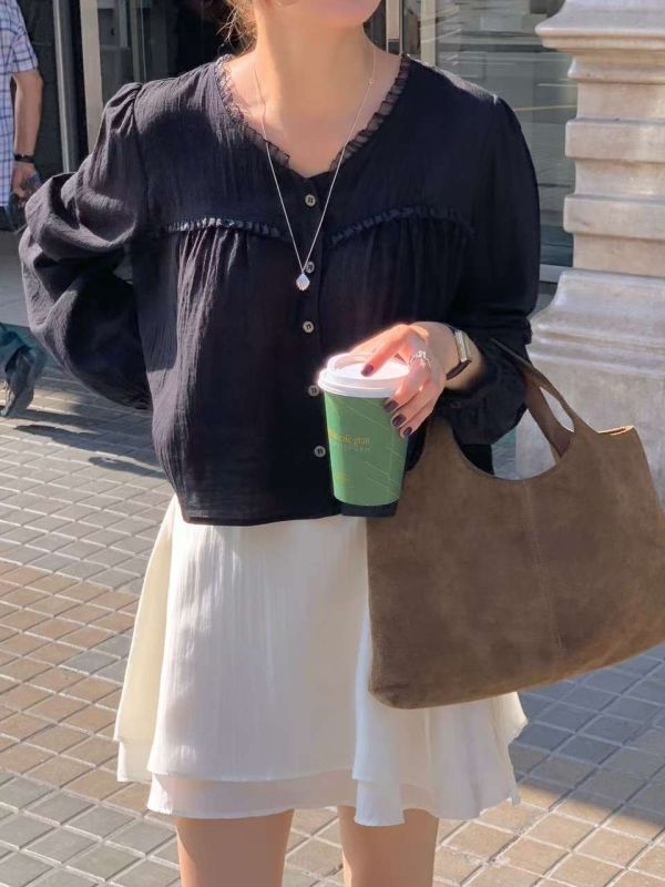 薄款長袖蕾絲荷葉邊襯衫上衣 