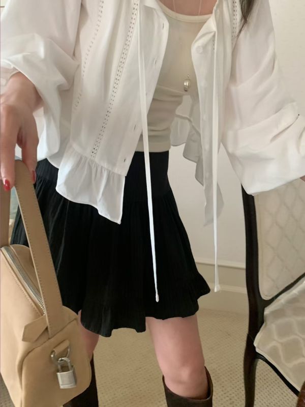 （現貨+預購）質感綁帶荷葉邊短版薄襯衫 罩衫 荷葉邊,襯衫,綁帶,罩衫,薄款