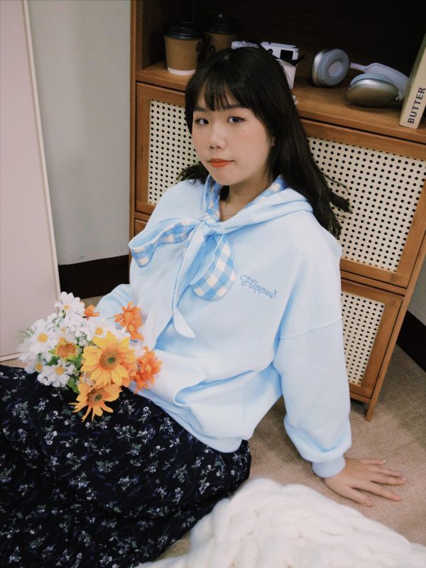 格紋綁帶可愛層次帽Ｔ 