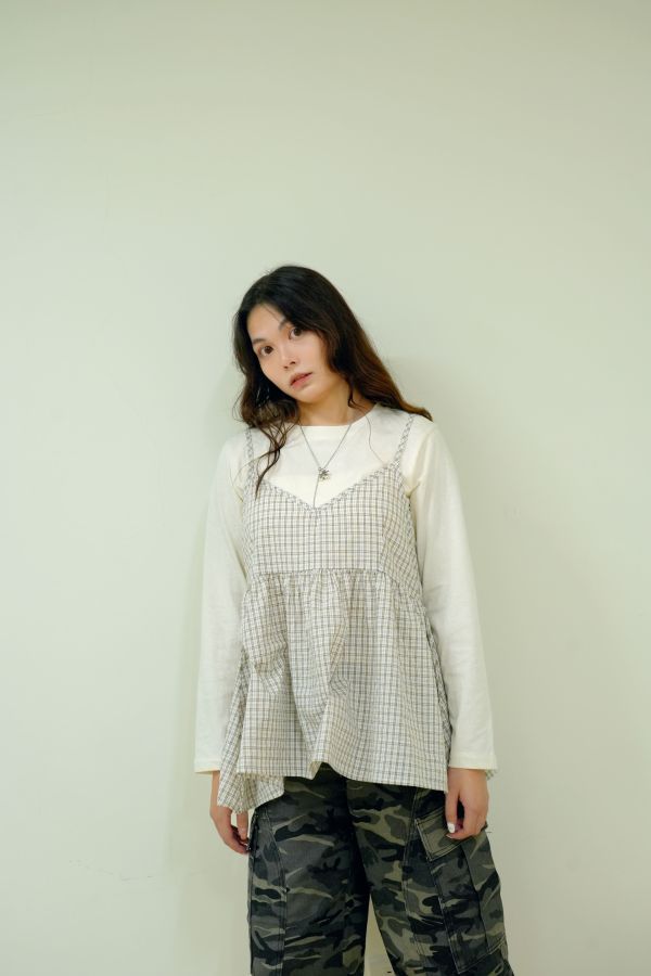 好感日常格子套裝 格子套裝, 棉質套裝, 長袖打底套裝, 吊帶外搭套裝, 百搭套裝, 日常套裝, 女生休閒裝, 舒適套裝, 悠閒套裝, 居家外出套裝