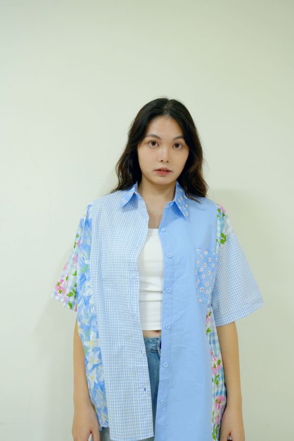 長款拼拼襯衫 拼接長版襯衫、女生文青襯衫推薦、撞色設計襯衫、長版罩衫穿搭、不挑身形襯衫、層次感穿搭單品、文青風長襯衫