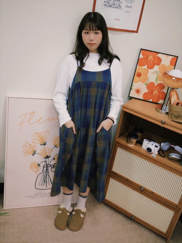 格子學院吊帶裙 