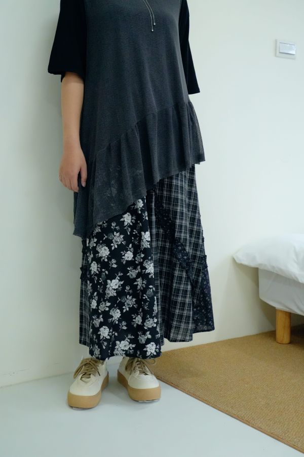 暮色拼花裙 拼接長裙、文藝風裙子、氣質長裙推薦、女生拼花裙、日常穿搭裙子、飄逸感裙款、拼布風格裙子