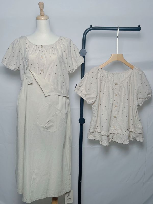 可愛裙擺圓點麻衫 圓點上衣、可愛風穿搭、森林系女裝、日系圓點衫、荷葉裙擺上衣、文青風格女裝、夏日上衣推薦