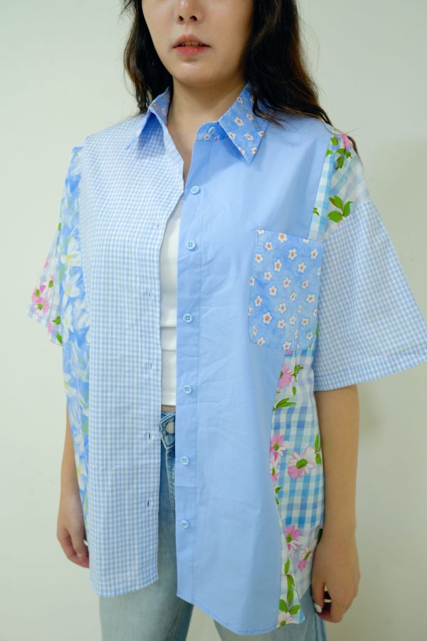 長款拼拼襯衫 拼接長版襯衫、女生文青襯衫推薦、撞色設計襯衫、長版罩衫穿搭、不挑身形襯衫、層次感穿搭單品、文青風長襯衫