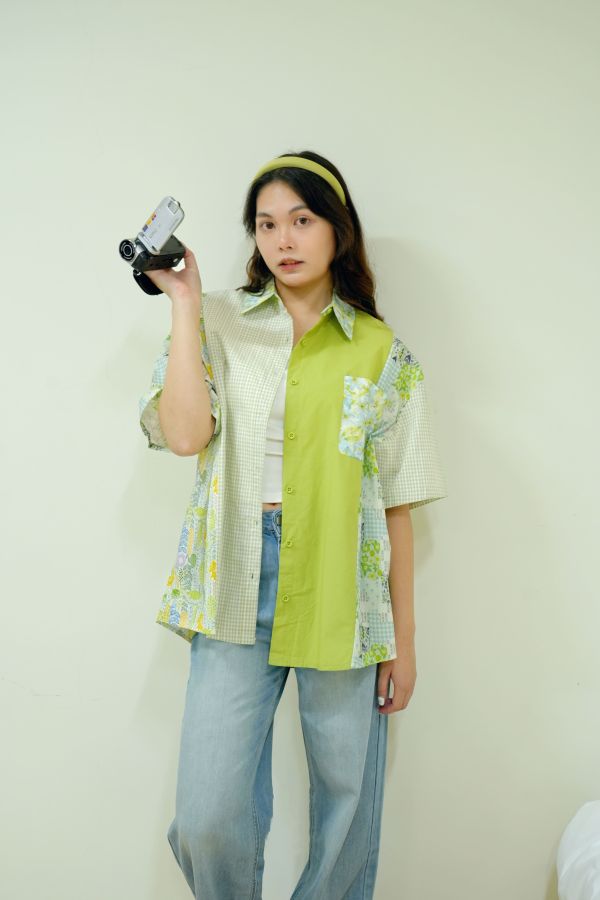 長款拼拼襯衫 拼接長版襯衫、女生文青襯衫推薦、撞色設計襯衫、長版罩衫穿搭、不挑身形襯衫、層次感穿搭單品、文青風長襯衫