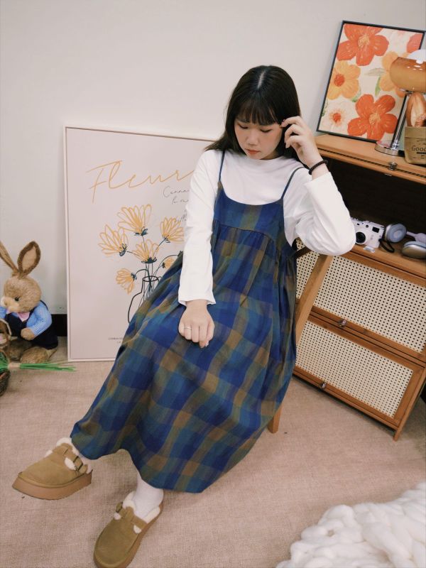 格子學院吊帶裙 