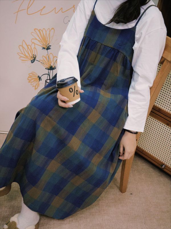 格子學院吊帶裙 