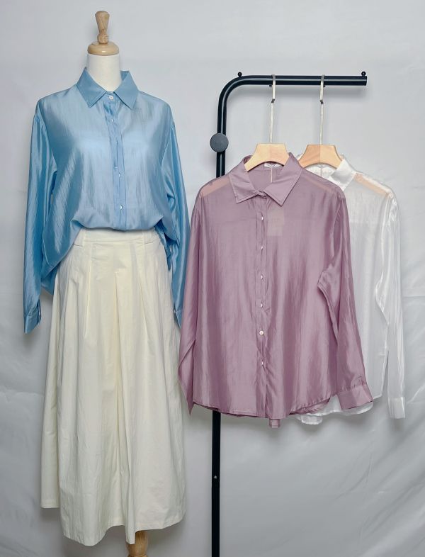 霧光天絲襯衫 天絲材質襯衫推薦、氣質感長袖上衣、輕薄天絲襯衫、柔霧光澤上衣、通勤穿搭襯衫、天絲長袖女裝、簡約氣質襯衫、女生質感上衣推薦