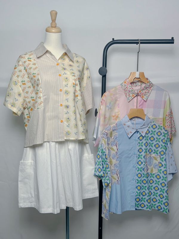 格花拼拼襯衫 拼接設計襯衫、女生格紋花布上衣、文青混搭風襯衫、層次感穿搭單品、日韓風格襯衫、寬鬆版型襯衫