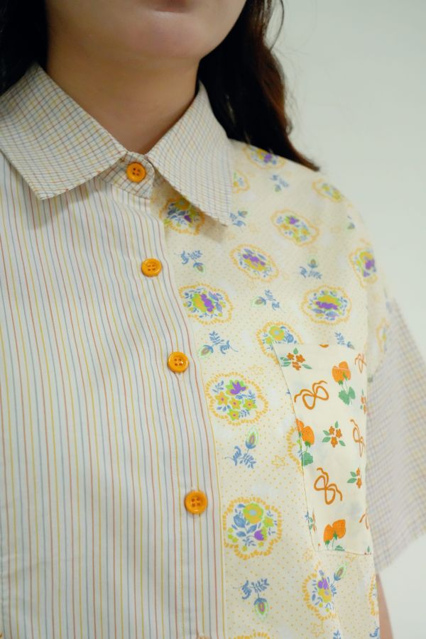 格花拼拼襯衫 拼接設計襯衫、女生格紋花布上衣、文青混搭風襯衫、層次感穿搭單品、日韓風格襯衫、寬鬆版型襯衫