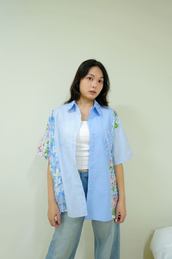 長款拼拼襯衫 拼接長版襯衫、女生文青襯衫推薦、撞色設計襯衫、長版罩衫穿搭、不挑身形襯衫、層次感穿搭單品、文青風長襯衫