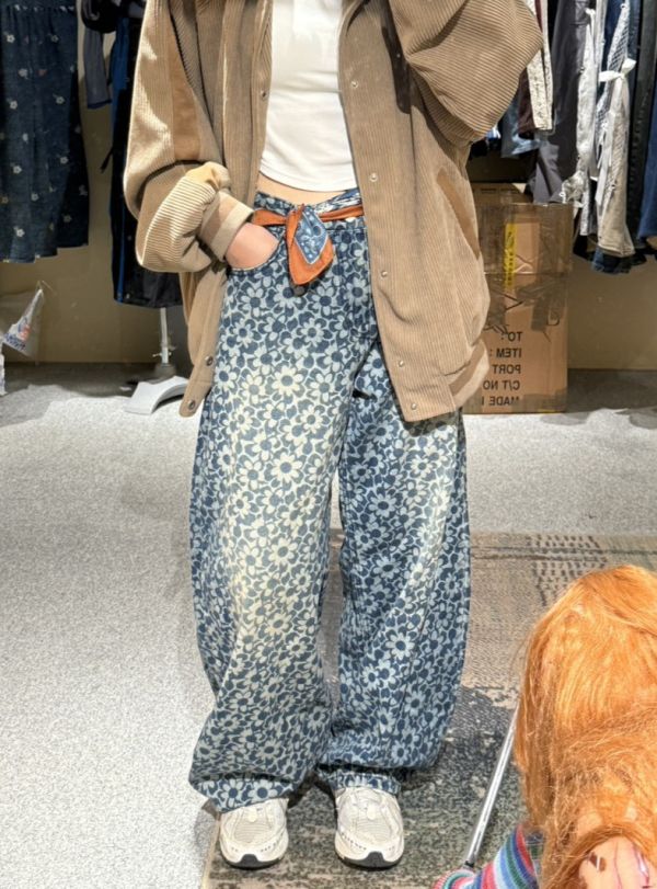 韓版花花彎刀褲 藍色/黑色 