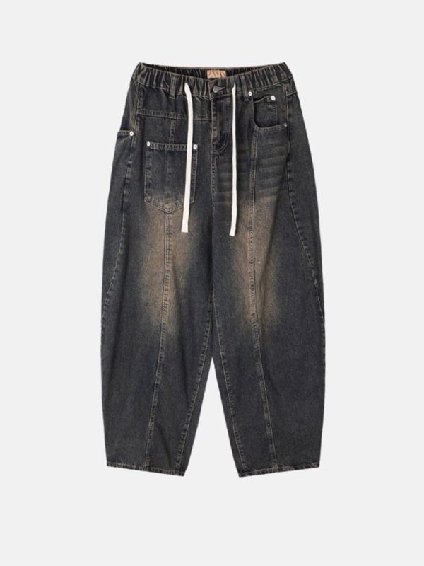 韓版反向弧線牛仔寬褲 