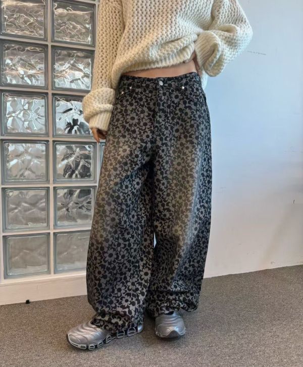 韓版花花彎刀褲 藍色/黑色 