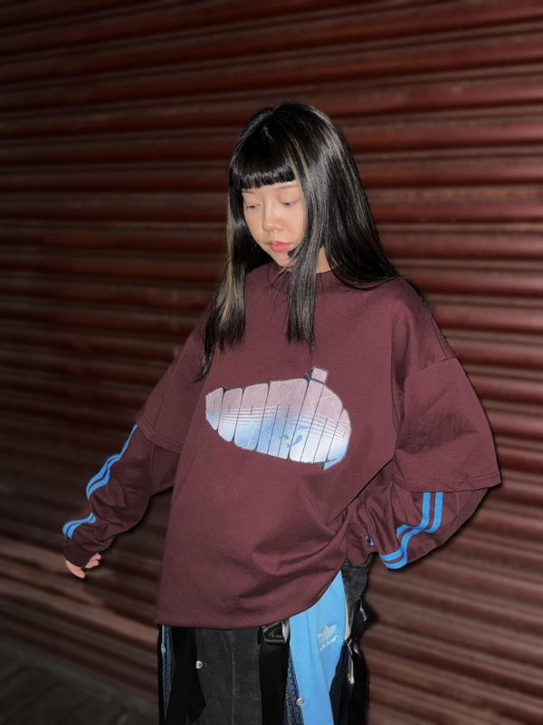 Booming微高領假兩件長T  紅色 