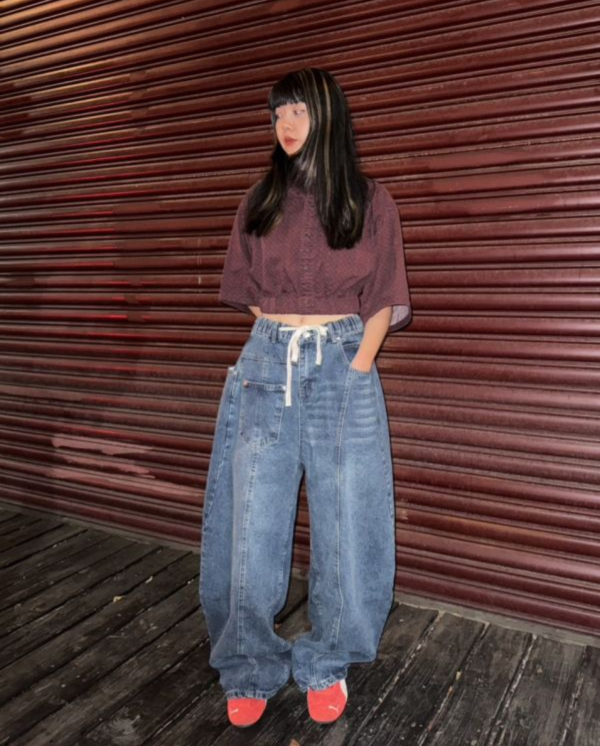 韓版反向弧線牛仔寬褲 