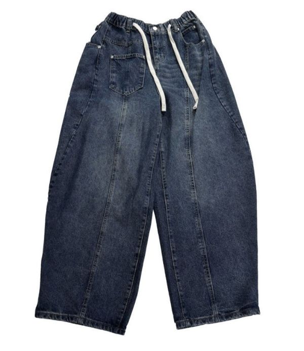 韓版反向弧線牛仔寬褲 