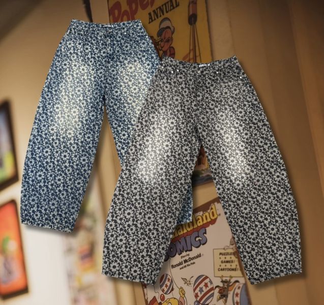 韓版花花彎刀褲 藍色/黑色 