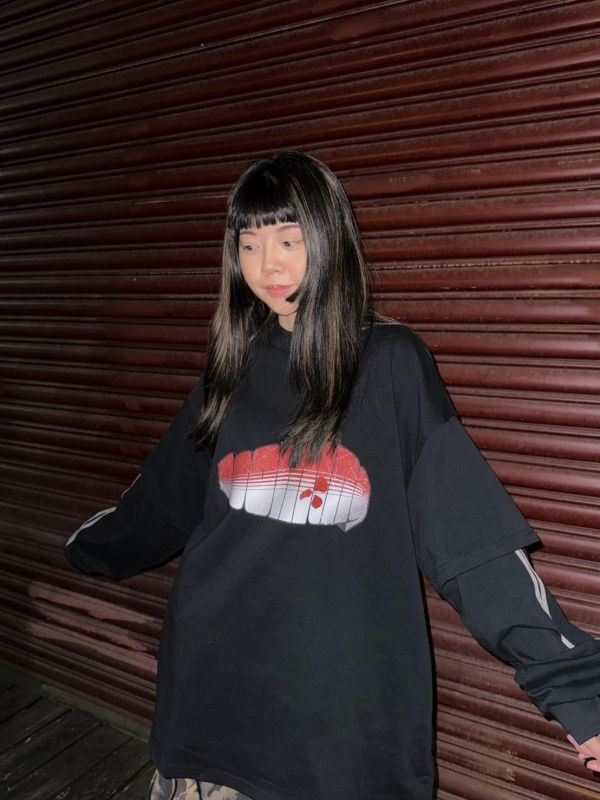 Booming微高領假兩件長T  黑色 