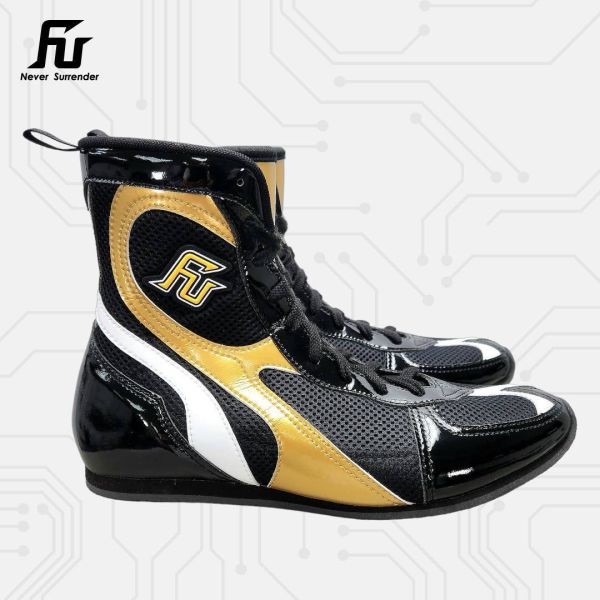 【TMMA】FUEGO SUPER ESTRELLA 系列 中高筒 輕量 合成皮 拳擊鞋- 黑/金/白－FUE BOS #拳擊鞋 #格鬥裝備 #TMMA #台北格鬥運動館 #格鬥用品 #拳擊 #拳擊有氧 #踢拳 #踢拳擊 #泰拳 #散打 #MMA #格鬥 #比賽拳擊鞋 #入門拳擊鞋 #初階拳擊鞋 #FUEGO