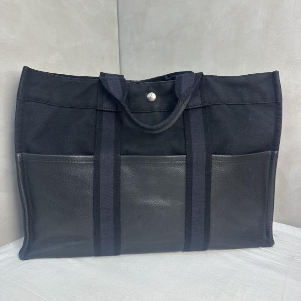 Hermès 黑色帆布拼皮革手提包 