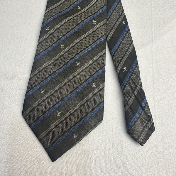Louis Vuitton 深灰底藍色條紋LV LOGO 領帶 領結 絲綢 （中古） 