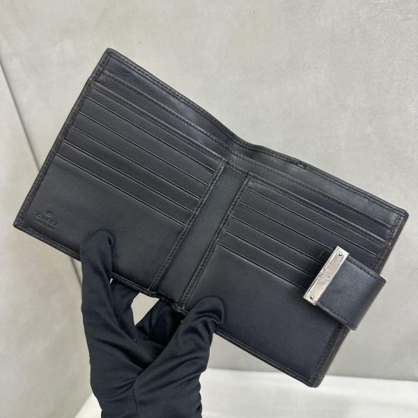 Gucci 中古 咖啡老花拼接皮革短夾 