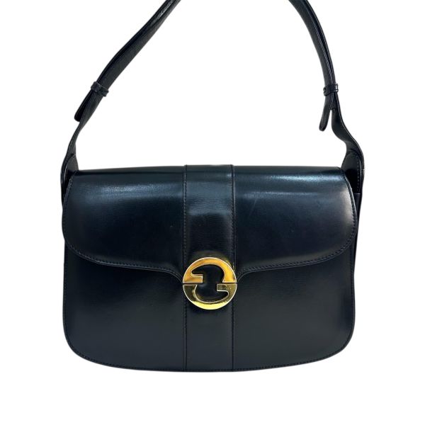 Gucci Vintage 中古黑色金色logo小牛皮肩背包 