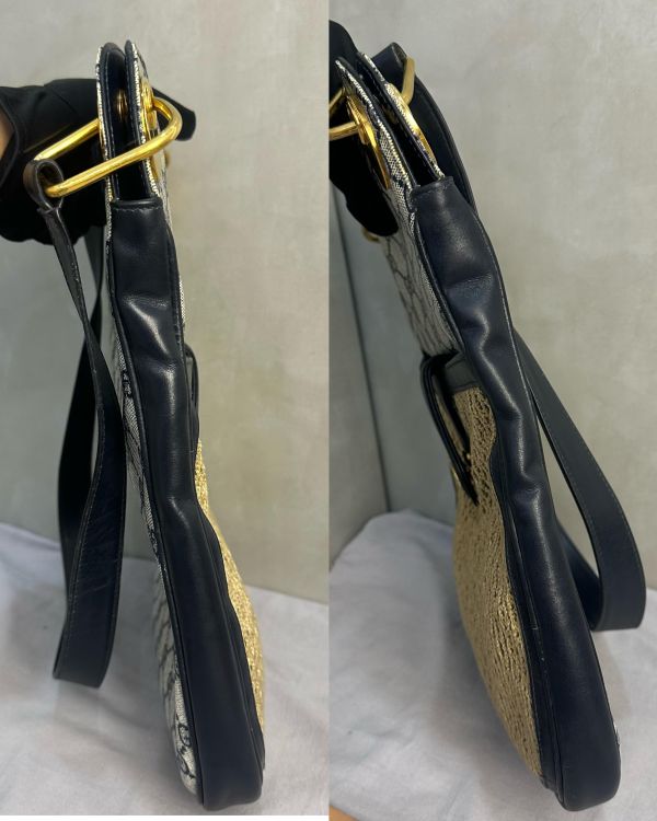 Gucci 藍色老花皮革編織拼接側背包 