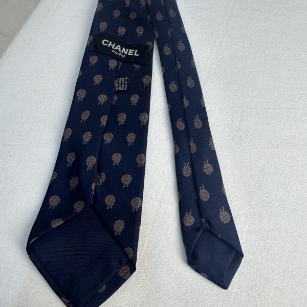 Chanel 藏青色花紋圖案領帶 領結 絲綢（中古） 