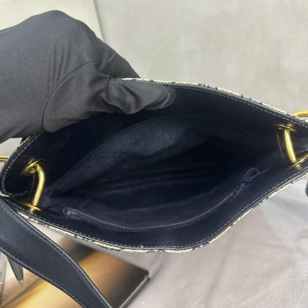Gucci 藍色老花皮革編織拼接側背包 