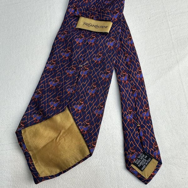 YSL  藍橘色幾何圖形馬球圖案領帶 領結 絲綢（中古） 