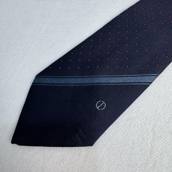 dunhill高級深藍色絲綢帶有精緻的紅色波點圖案領帶 領結 絲綢（中古） 