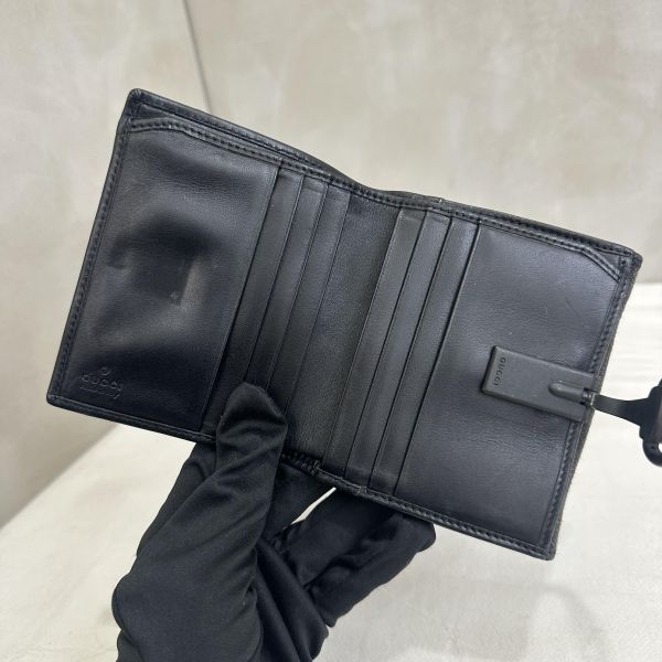 Gucci 中古黑色馬銜扣老花領錢袋短夾 