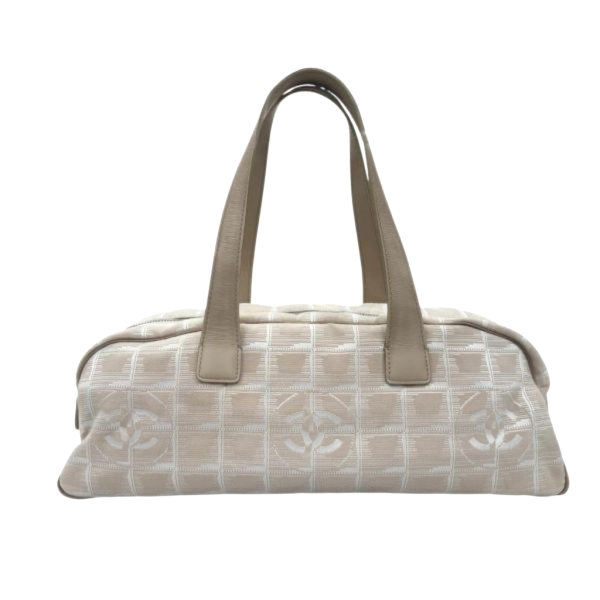 Chanel 冰格奶茶皮革拼接帆布法棍包 