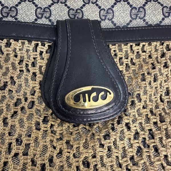 Gucci 藍色老花皮革編織拼接側背包 