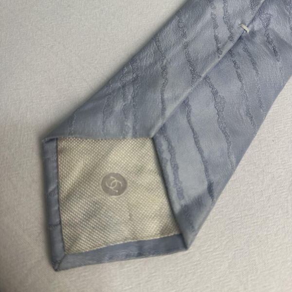 CHANEL 藍灰色斜條紋領帶 領結 絲綢（中古） 