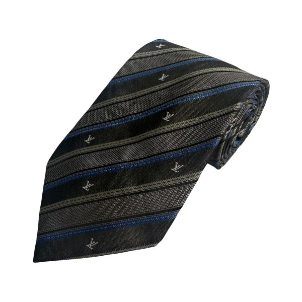 Louis Vuitton 深灰底藍色條紋LV LOGO 領帶 領結 絲綢 （中古） 