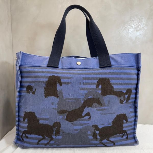 Hermès  Cavalcadour Étriers 藍色馬圖帆布托特包 