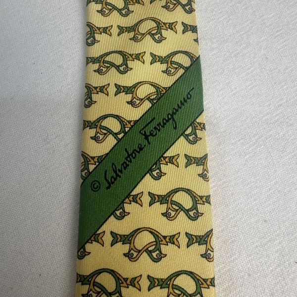 Salvatore Ferragamo 菲拉格慕 黃色雙鳥圖案領帶 領結 絲綢（中古） 