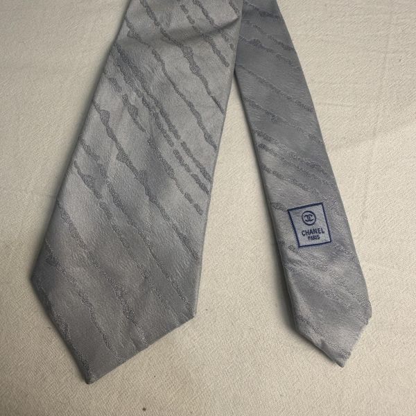 CHANEL 藍灰色斜條紋領帶 領結 絲綢（中古） 