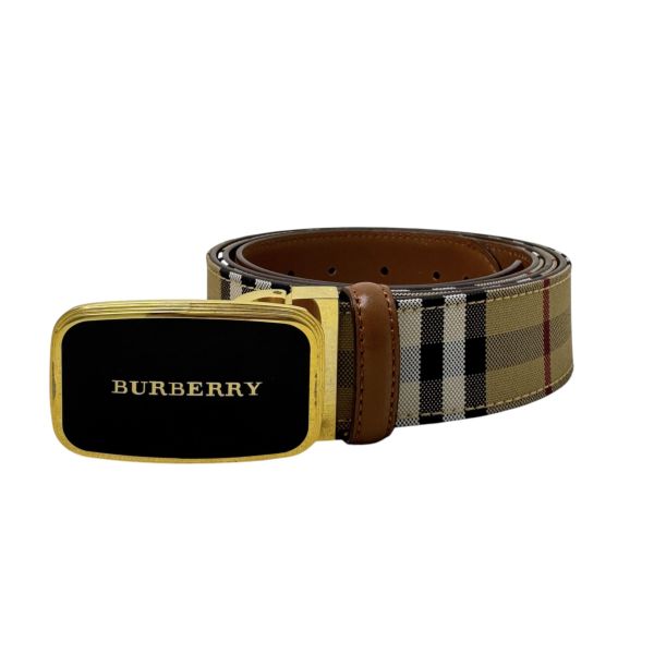 Burberry 金x黑頭 格紋棕色皮革 皮帶 腰帶 