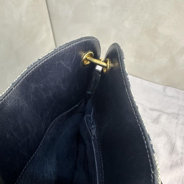 Gucci 藍色老花皮革編織拼接側背包 