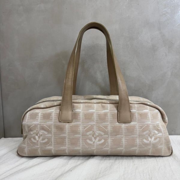 Chanel 冰格奶茶皮革拼接帆布法棍包 